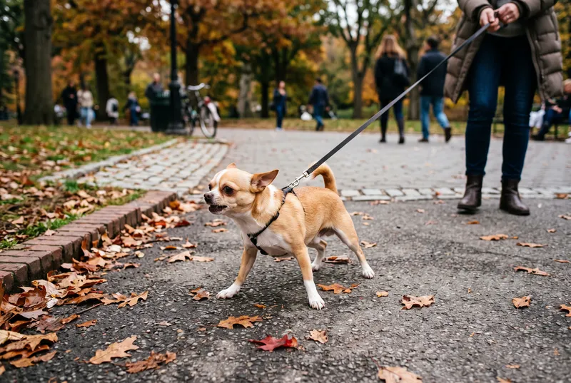 Chihuahua an der Leine bei einem Spaziergang im Park