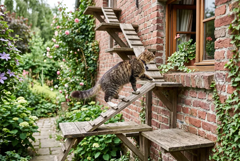 Getigerte Katze klettert eine Katzentreppe an einer Hauswand hinauf