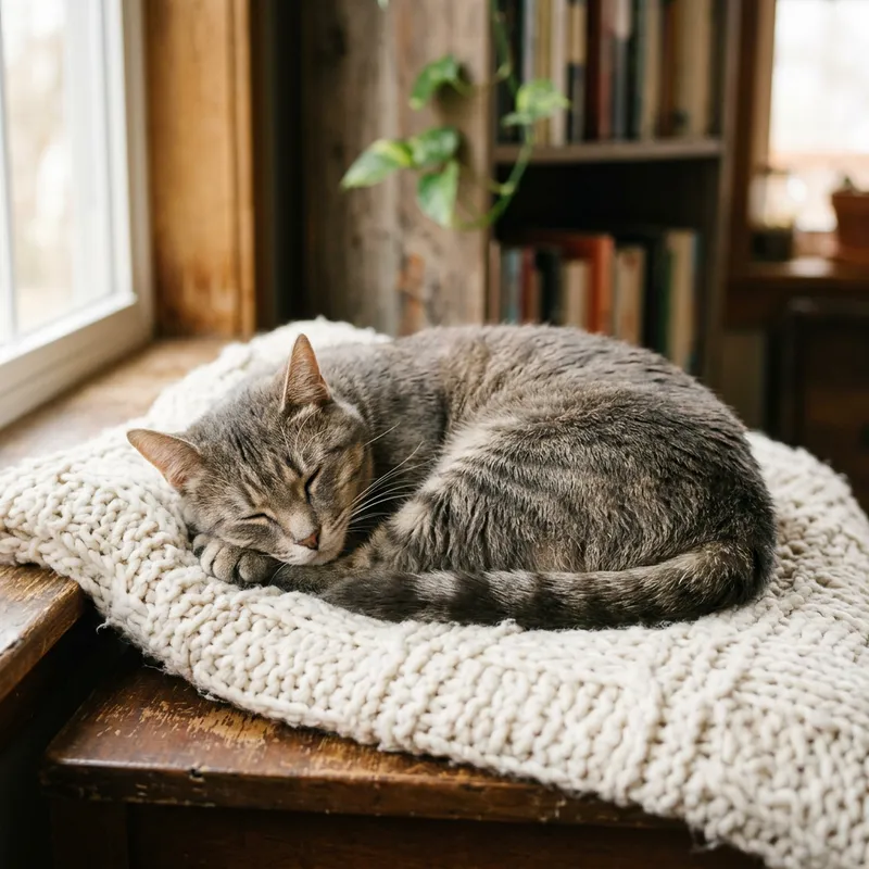 Getigerte Katze schläft zusammengerollt auf einer Strickdecke