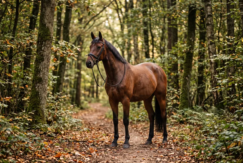 Braunes Pferd mit Trense steht auf einem Waldweg