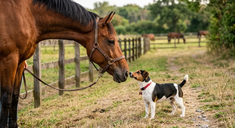 Braunes Pferd und kleiner Hund begrüßen sich Nase an Nase am Koppelzaun