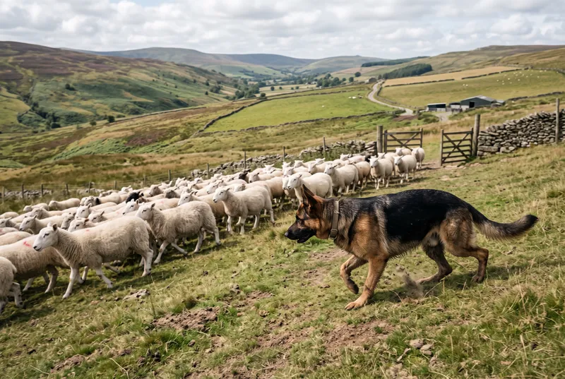 Deutscher Schäferhund treibt eine Schafherde über eine Hügelweide